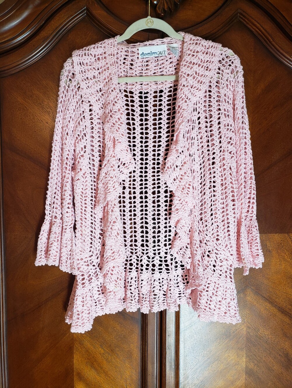 Denim 24/7 Light Pink Crochet Ruffle-Edge Cardigan